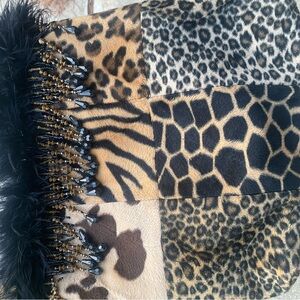 Animal Print Patchwork Scarf with Beaded Fringe